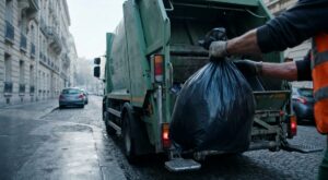Éboueur en tenue de travail près d'une benne à ordures ménagères pendant une tournée de collecte
