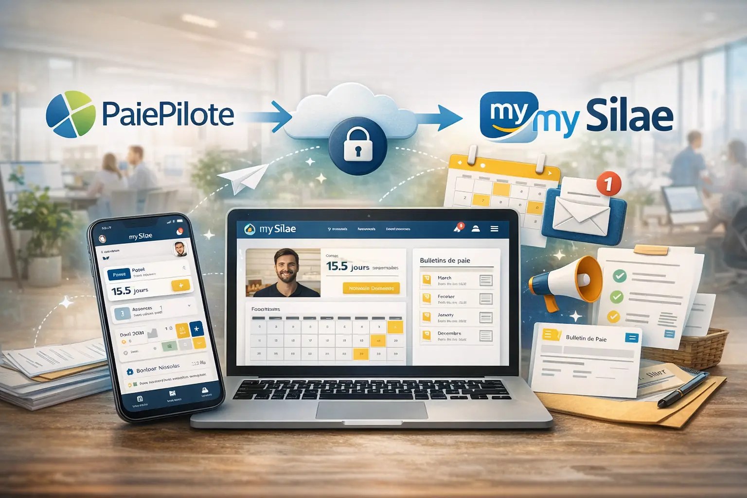 Écran d'ordinateur affichant un portail de paie en ligne avec un bulletin de salaire dématérialisé