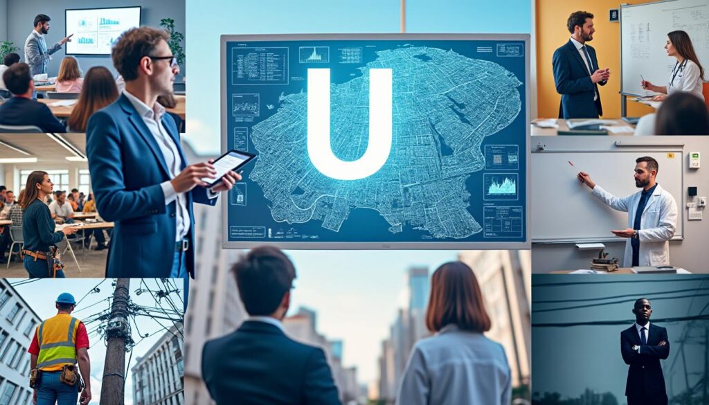 Illustration des métiers en U, urbaniste, urologue et UX designer