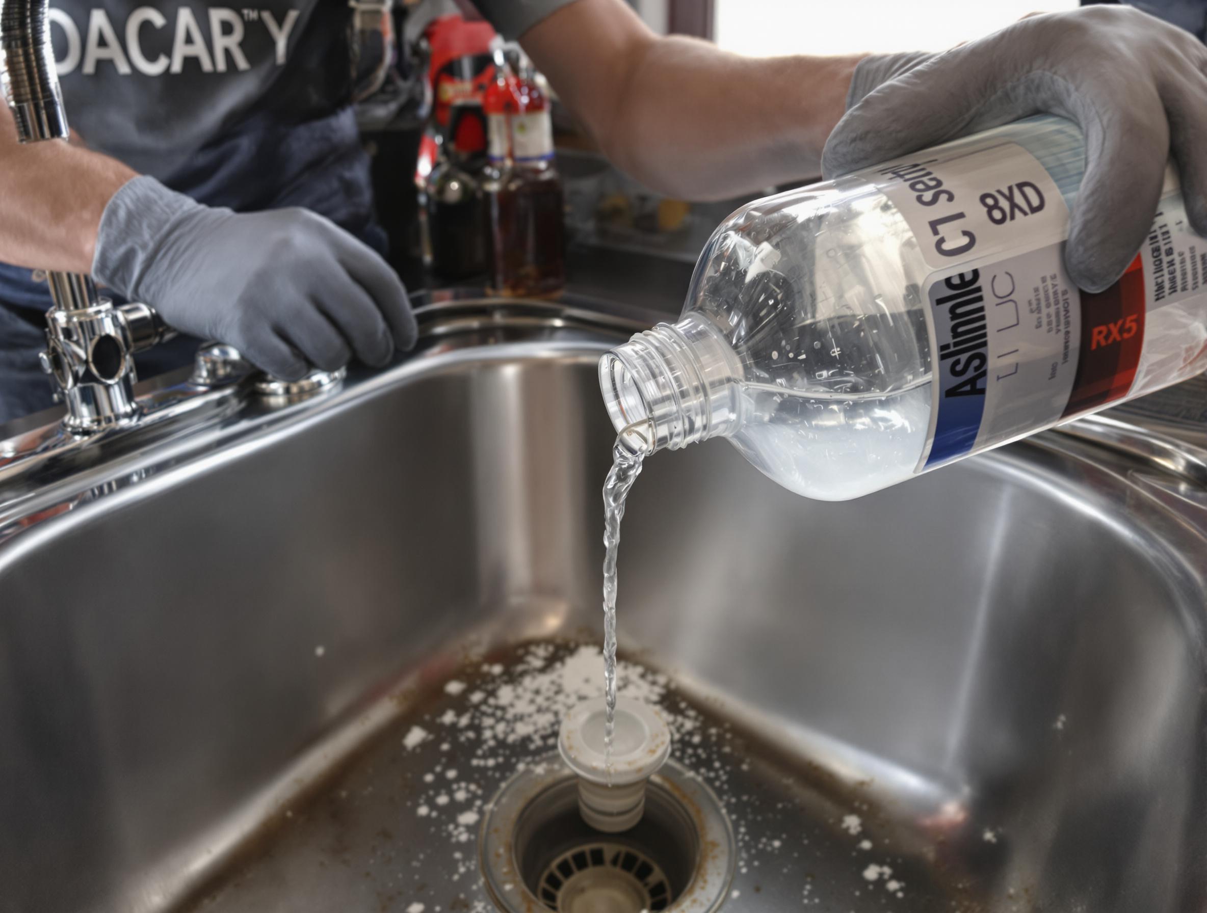 Bidon d'acide chlorhydrique dilué et gants de protection utilisés pour détartrer une canalisation